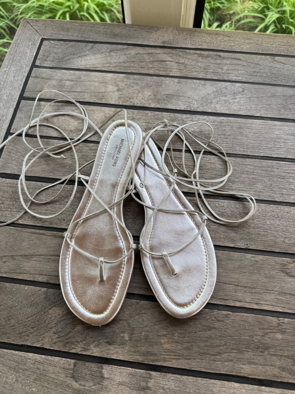 Michael Kors Collection Bradshaw Metallic Silver Wrap Lace Sandals